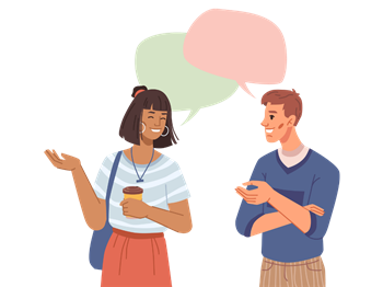 Two people walking and having a conversation with speech bubbles