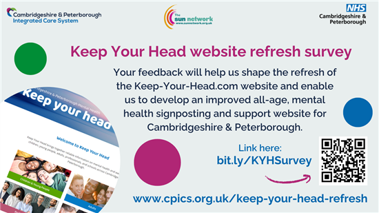Keep Your Head Refresh social media post - An image promoting a survey where people can have their say and shape the future of Cambridgeshire & Peterborough’s mental health website Keep Your Head